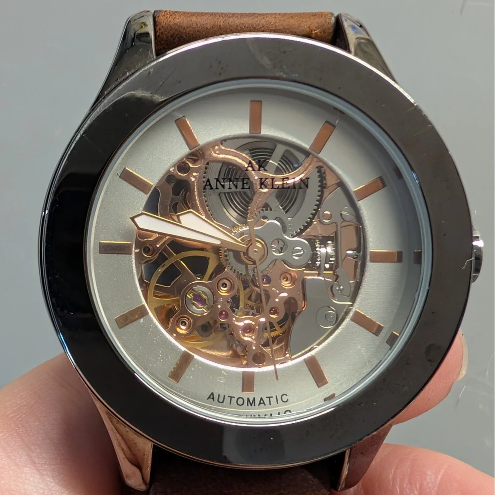 Anne Klein Automatic Skeleton Watch Rose Gold Tone Brown Leather 40mm TY2807RG